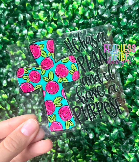 Pink Floral Cross - He has a Plan and I have a Purpose Decal