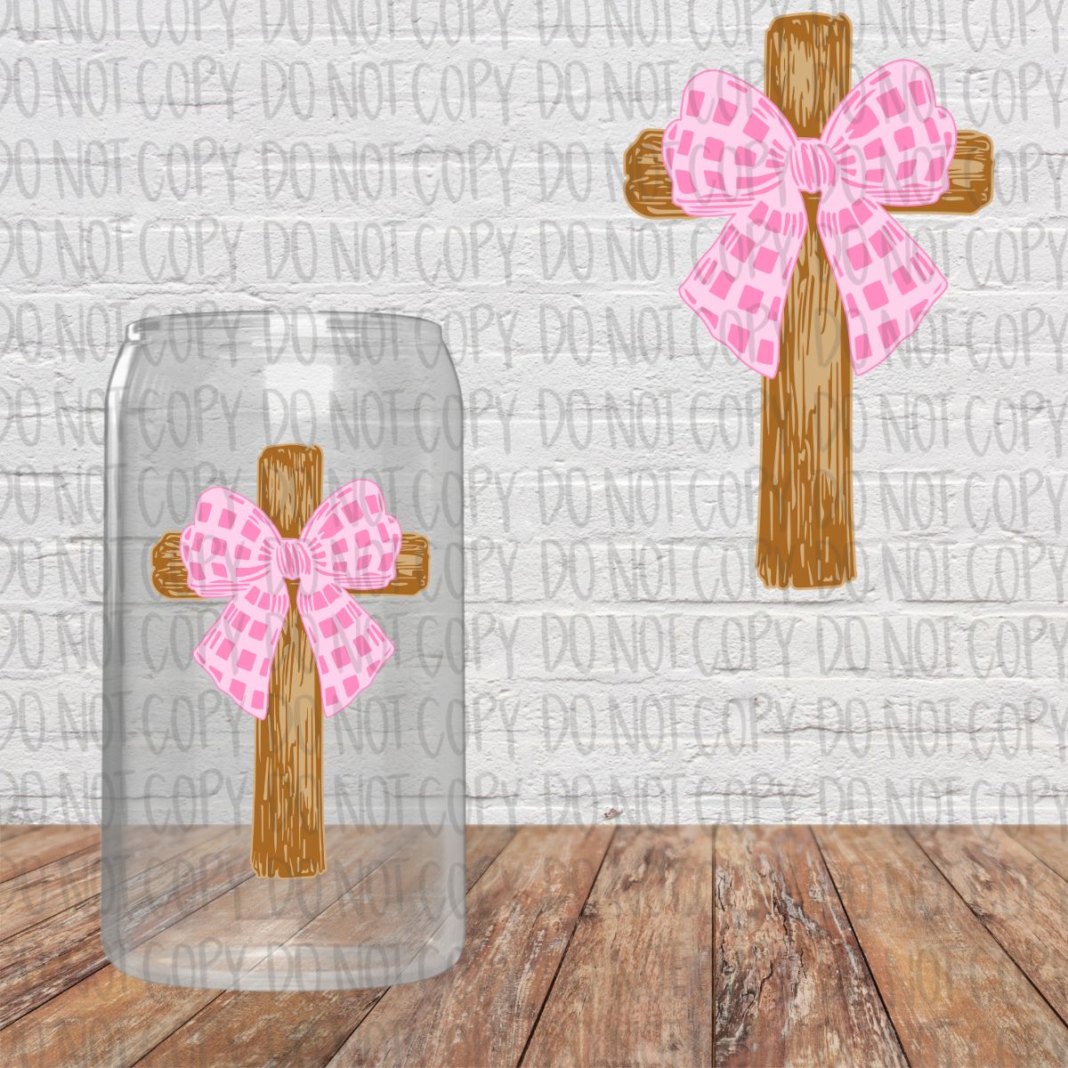 Wooden Cross with Plaid Pink Decal